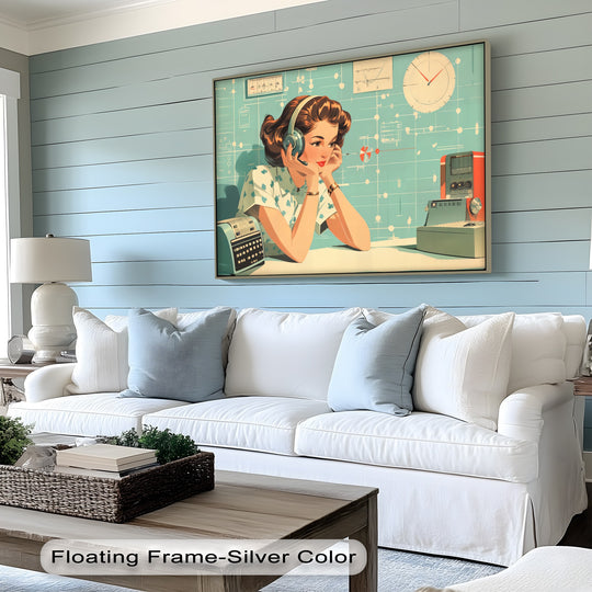 Cool color temperature highlights the Atomic Signals canvas print, featuring a retro science woman, presented as one of many big canvas prints.