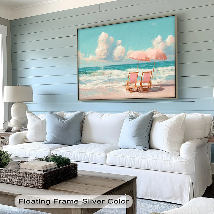 Serene Beach Escape with Pink Umbrellas – Seaside Canvas Print - MyPhotoStation