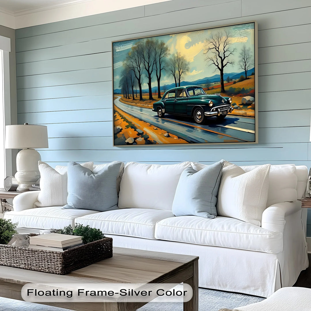 Teal Vintage Sedan on Winding Country Road – Car Canvas Print