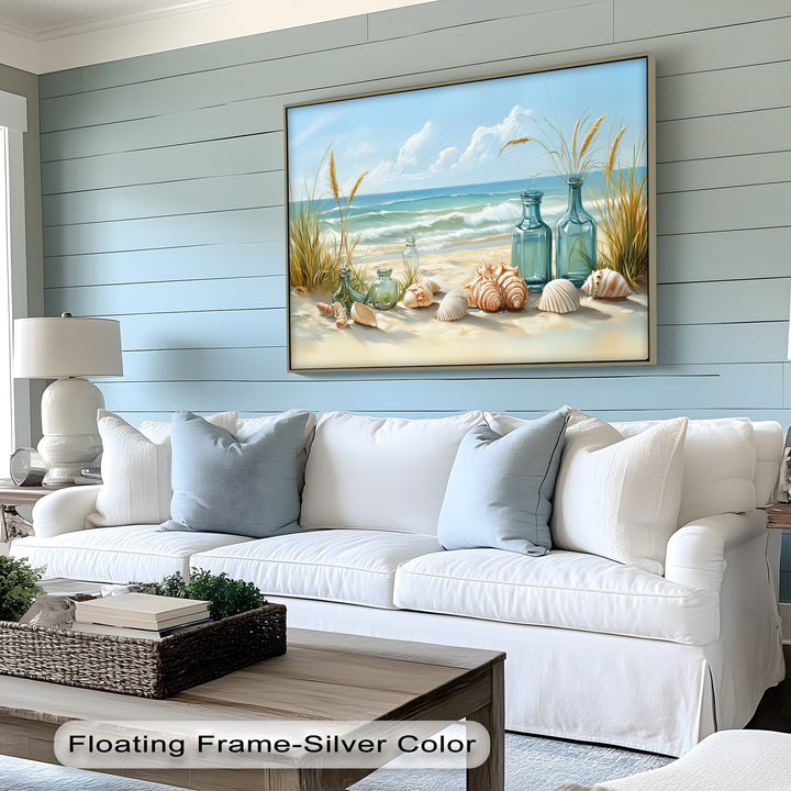 Whispers of the Shore – Seashells and Glass Bottles Coastal Canvas Print