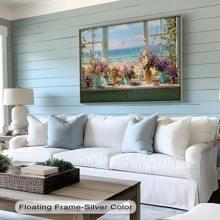Seaside Bloom – Coastal View with Flowers and Butterflies Canvas Print