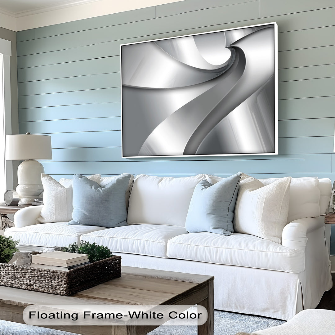 Cool sky blue and crisp white tones highlight the Silver Flow abstract canvas pictures, showcasing dynamic metallic gray forms.