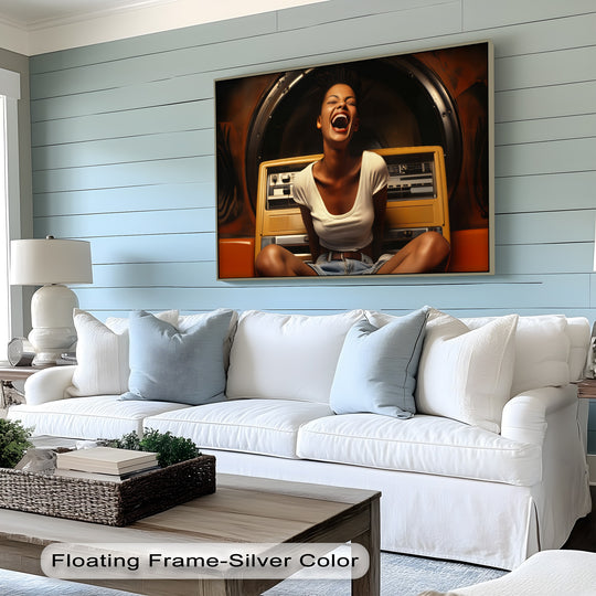 Central subject of the high quality canvas prints, showcasing a retro jukebox joy scene with a laughing woman in front of vintage stereo equipment.