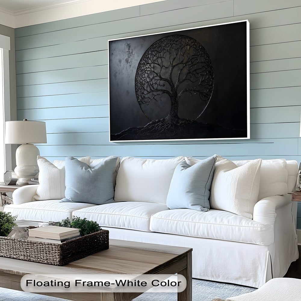 Abstract dark minimalist tree of life premium canvas decor displays intricate branches and roots on a textured circular background.