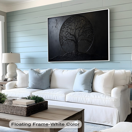Abstract dark minimalist tree of life premium canvas decor displays intricate branches and roots on a textured circular background.