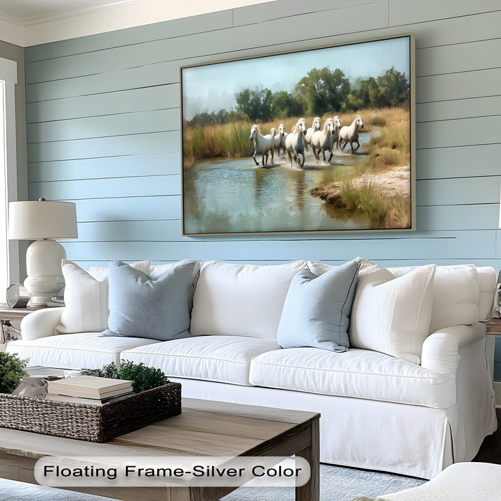 White Horses Running Through River - Horse Canvas Print