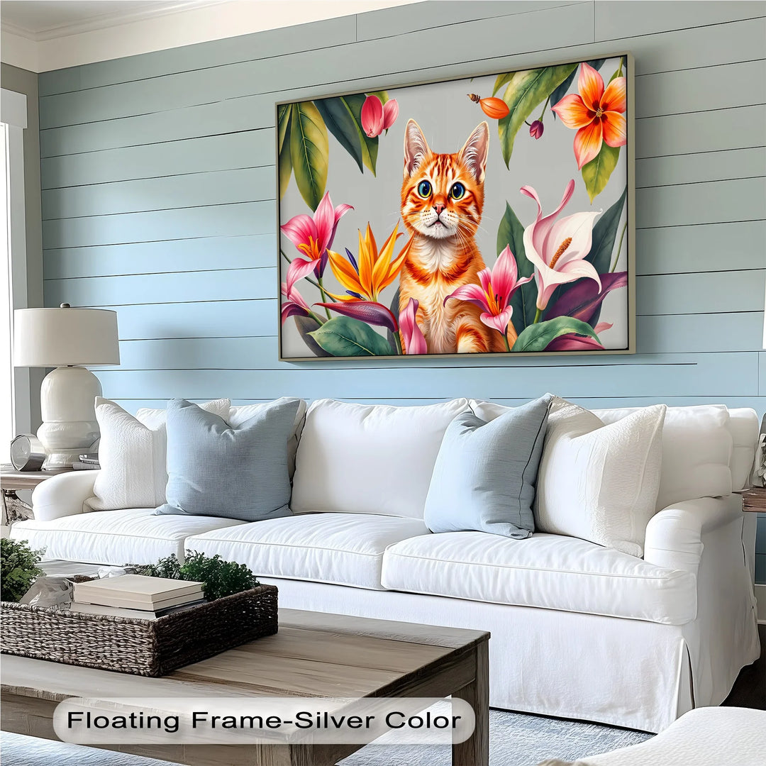 Tropical Curiosity – Orange Tabby Among Exotic Flowers Cat Canvas Print - MyPhotoStation