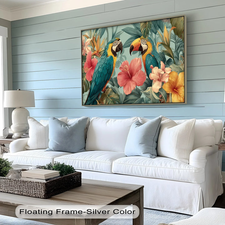 Tropical Duet – Vibrant Parrots with Hibiscus Canvas Print - MyPhotoStation