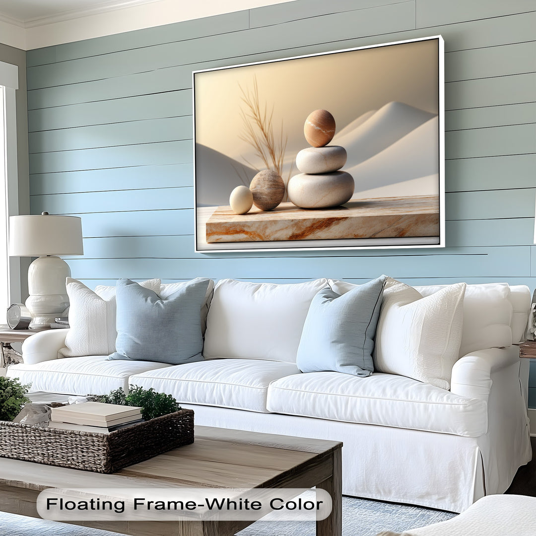 A light wooden coffee table with a woven basket and books in the foreground, complementing the tranquil Zen Stone Balance premium canvas decor.
