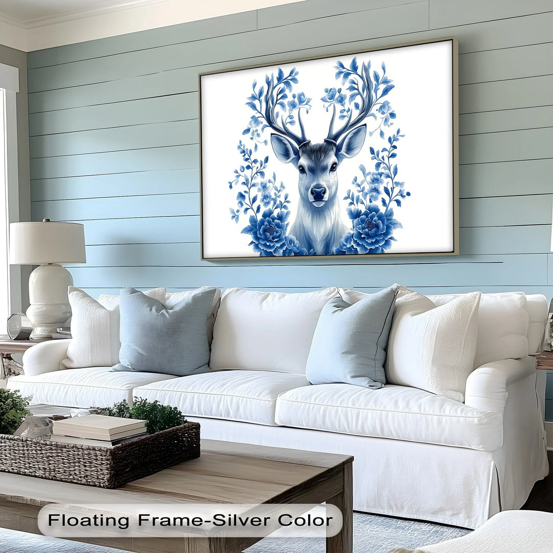 Floral-Antlered Deer in Blue – Nature-Inspired Canvas Print - MyPhotoStation