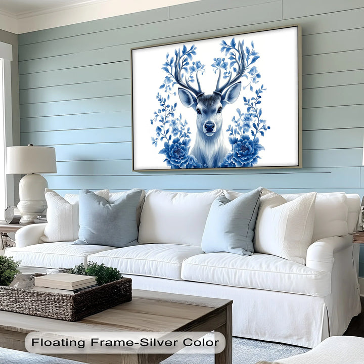 Floral-Antlered Deer in Blue – Nature-Inspired Canvas Print - MyPhotoStation