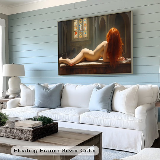Light and shadow define the dramatic form in this erotic canvas art prints, casting a contemplative mood over the nude figure and sacred space.