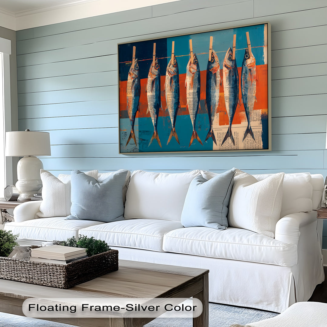 Radiating from the center, the brightest area showcases a modern hanging fish canvas print, a captivating piece of hanging canvas ideal for coastal kitchen wall art.