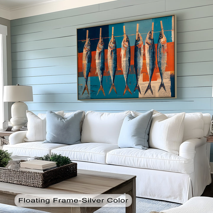 Radiating from the center, the brightest area showcases a modern hanging fish canvas print, a captivating piece of hanging canvas ideal for coastal kitchen wall art.