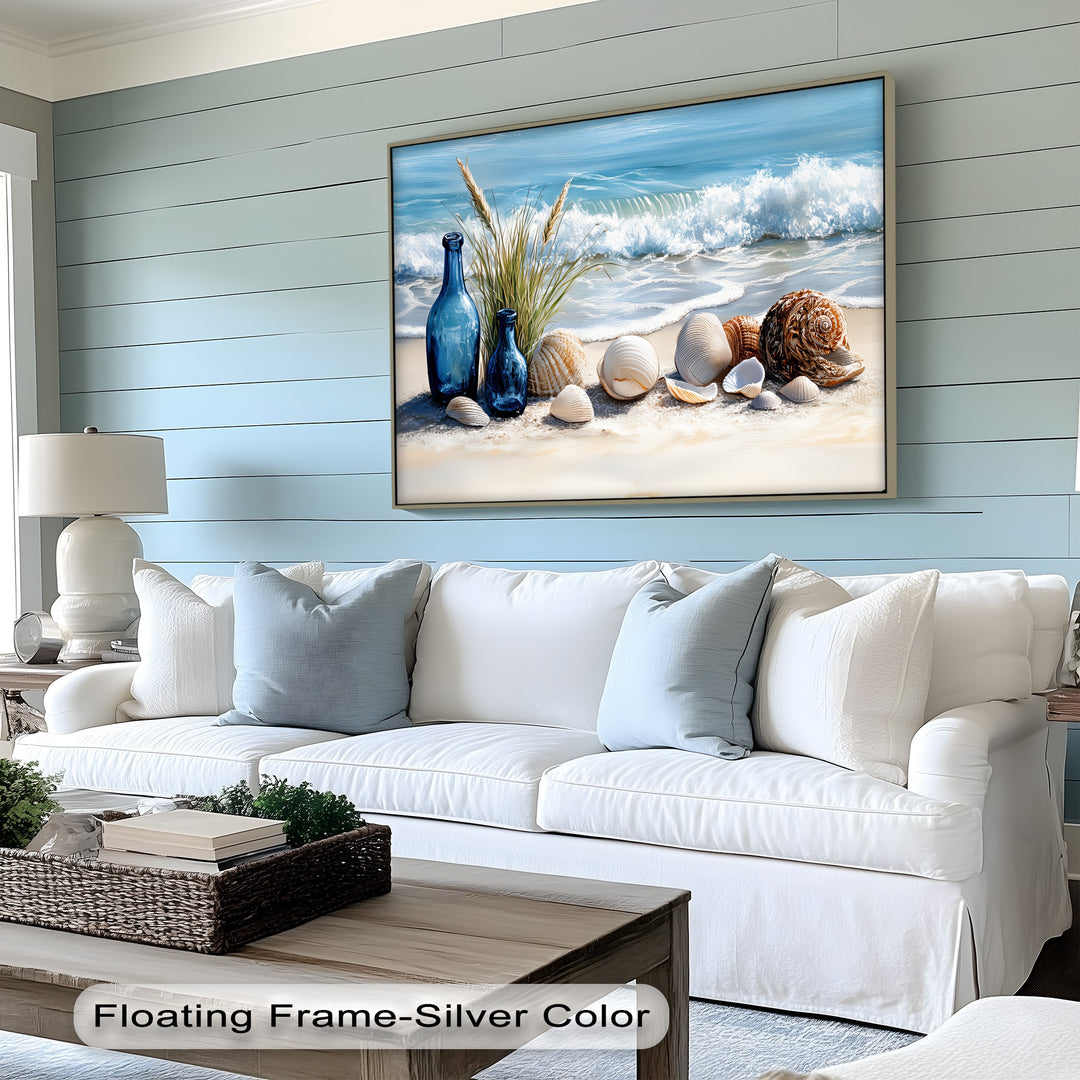Blue Bottles and Seashells on Seashore - Canvas Print