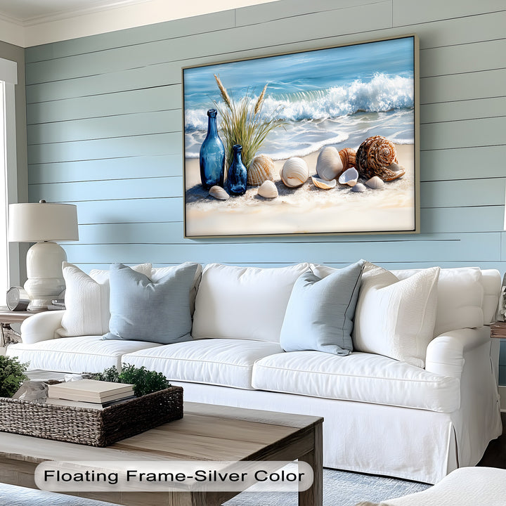 Blue Bottles and Seashells on Seashore - Canvas Print