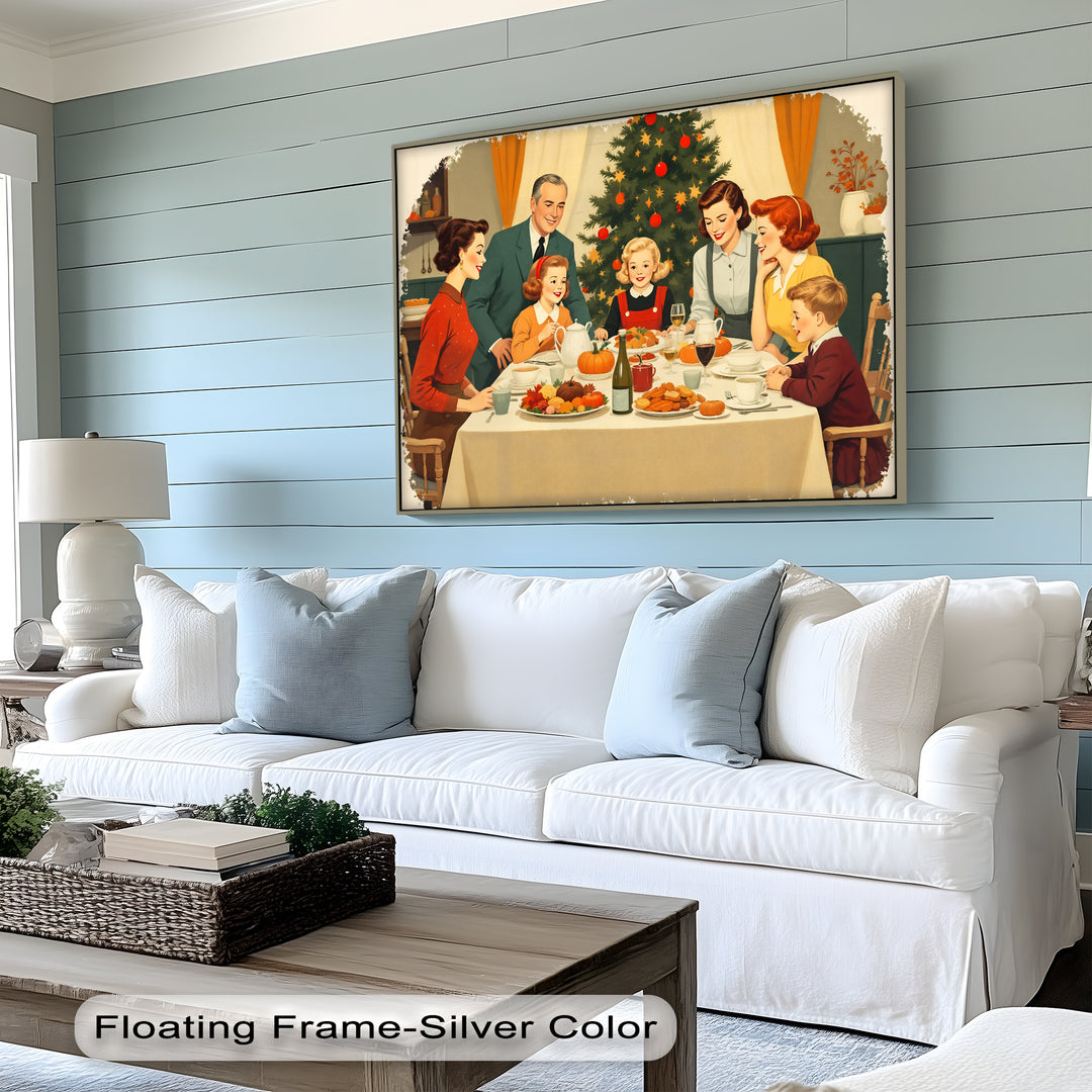 Retro Family Christmas Dinner Canvas Wall Art | Large Canvas