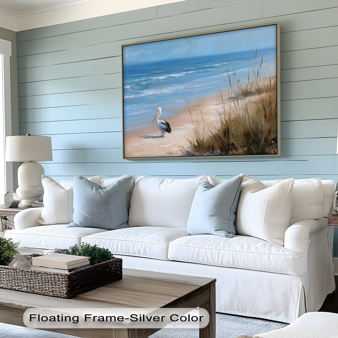 High-quality canvas art prints bring a serene coastal scene to life with rich color saturation and gallery-wrapped edges showcasing the pelican beach artwork.