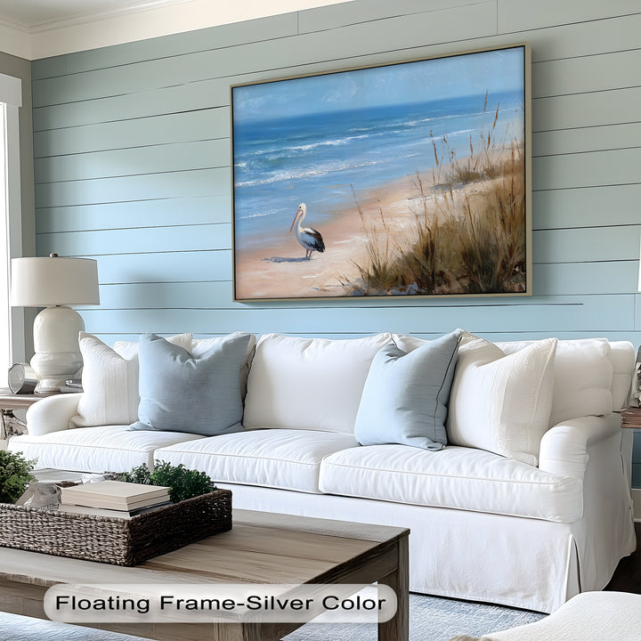 High-quality canvas art prints bring a serene coastal scene to life with rich color saturation and gallery-wrapped edges showcasing the pelican beach artwork.