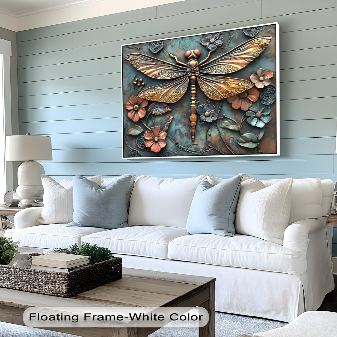 A rectangular, horizontally oriented big canvas print features a bronze-toned 3D-style dragonfly surrounded by sculptural flowers on a teal background.