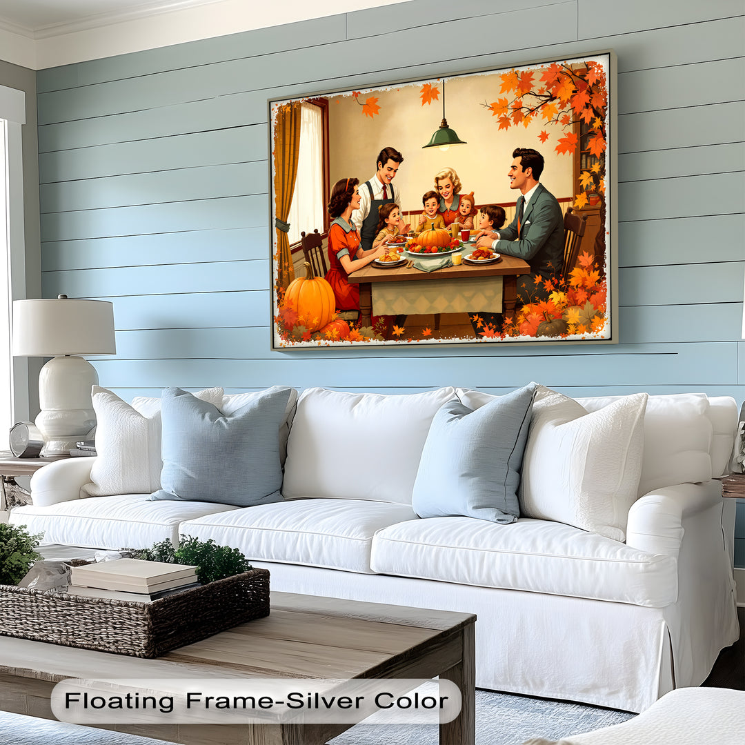 Autumn Gathering – Retro Thanksgiving Dinner Canvas Wall Art | Large Canvas