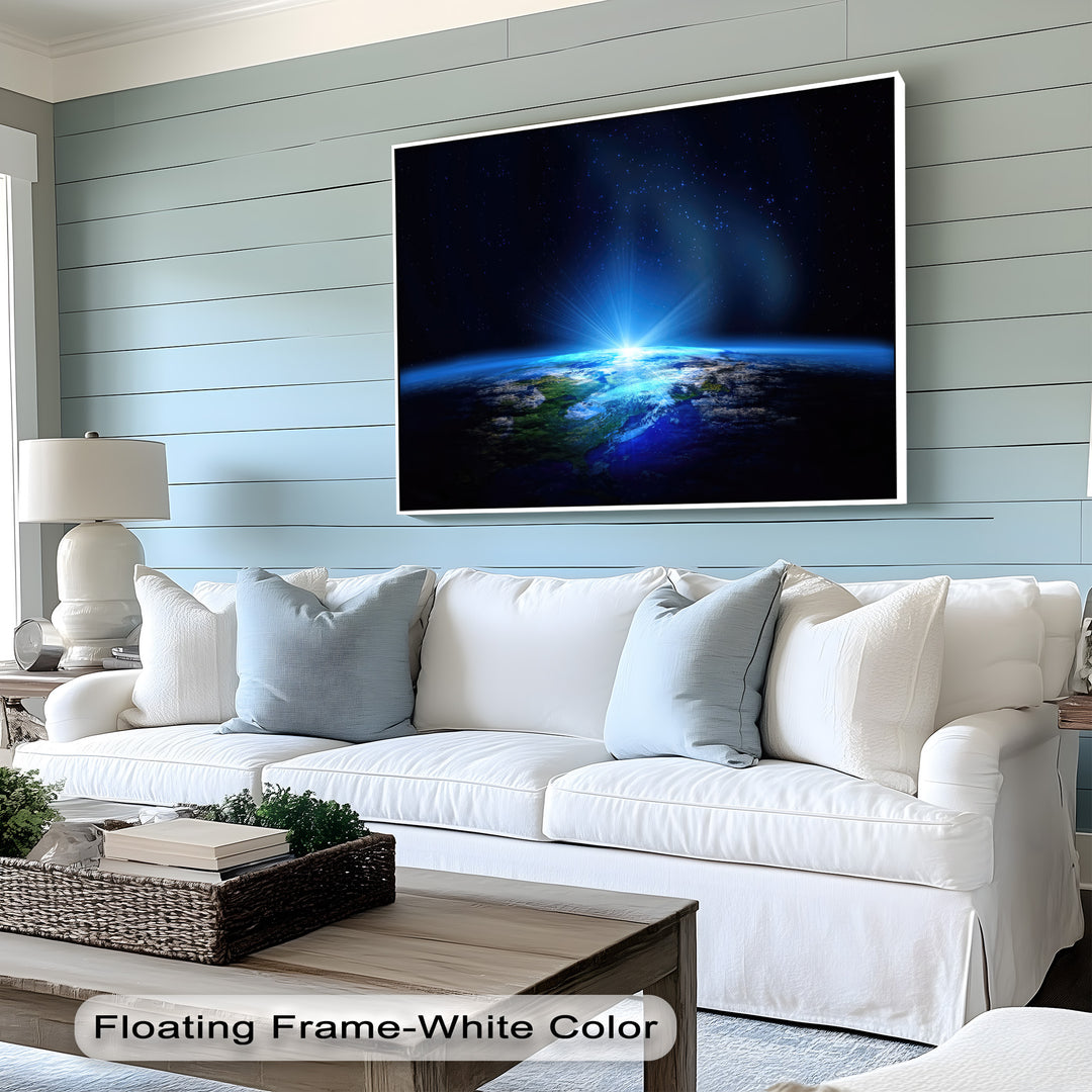 A crisp white floating frame elegantly borders the stunning Earth From Space canvas art prints, highlighting the cosmic blue planet.