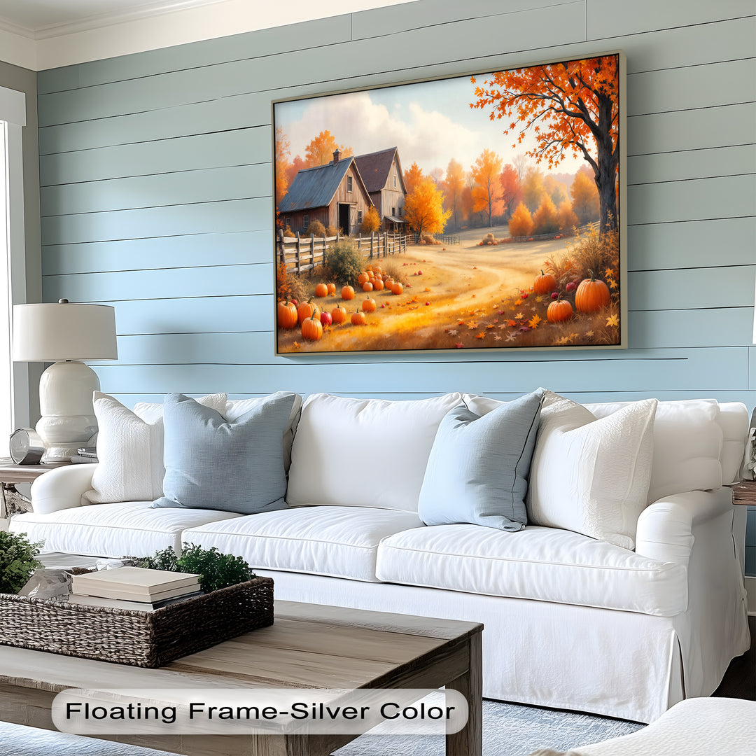 Golden Harvest Barn – Farmhouse Pumpkin Canvas Wall Art | Framed Art