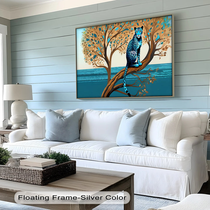 Blue Leopard in Tranquil Tree – Modern Jungle Animal Canvas Print - MyPhotoStation