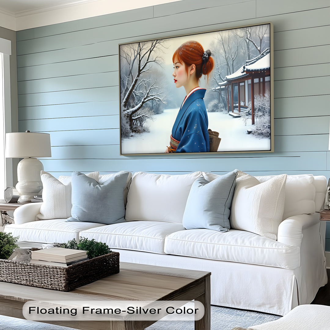 Geisha in Snow Garden – Japanese Kimono Canvas Wall Art | Framed Art