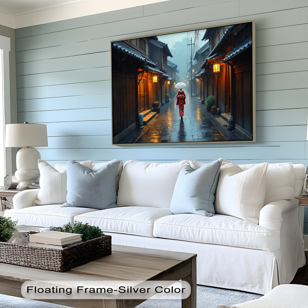Geisha in Kyoto Rain – Japanese Street Canvas Wall Art | Framed Canvas