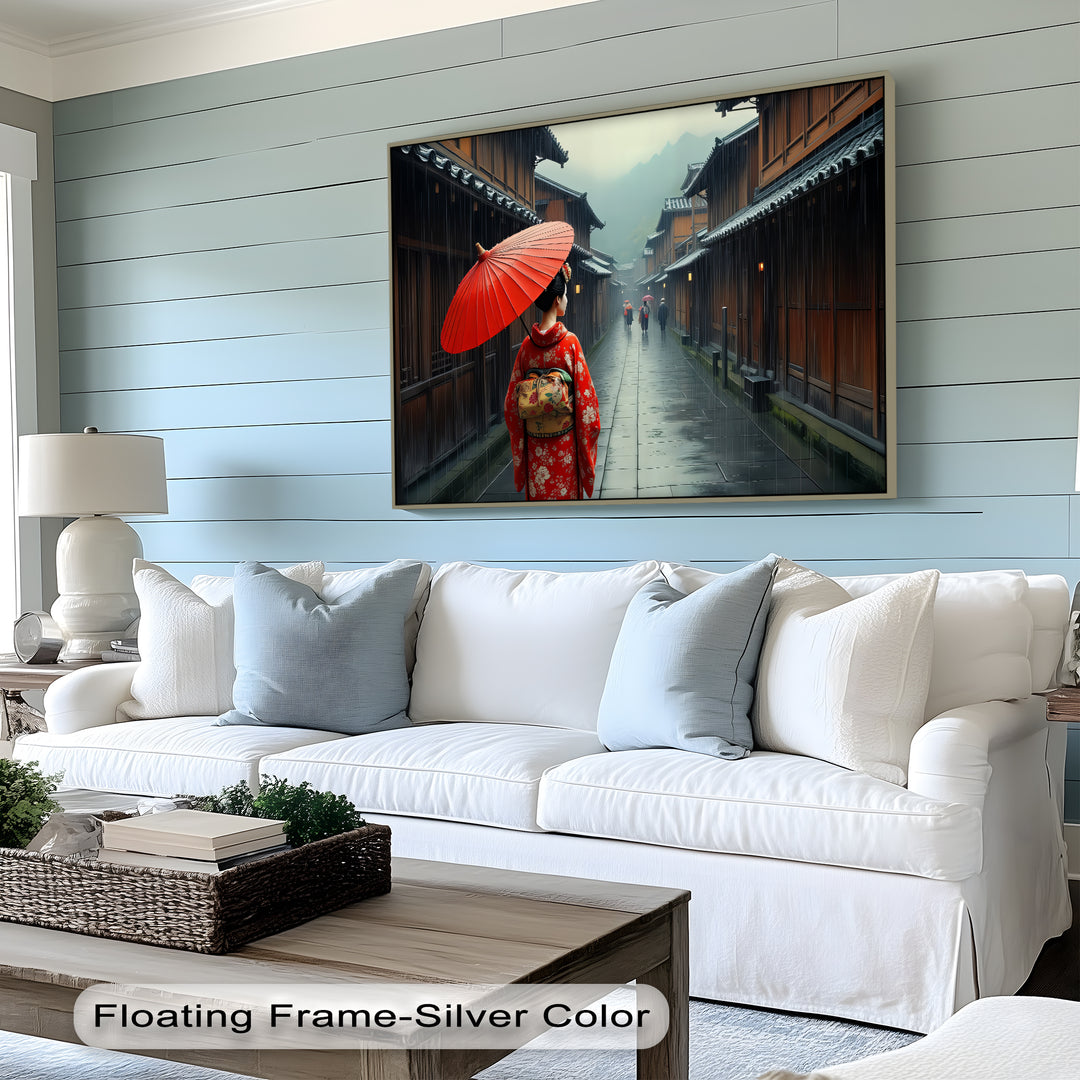Geisha in the Rain – Japanese Street Scene Canvas Wall Art | Large Canvas