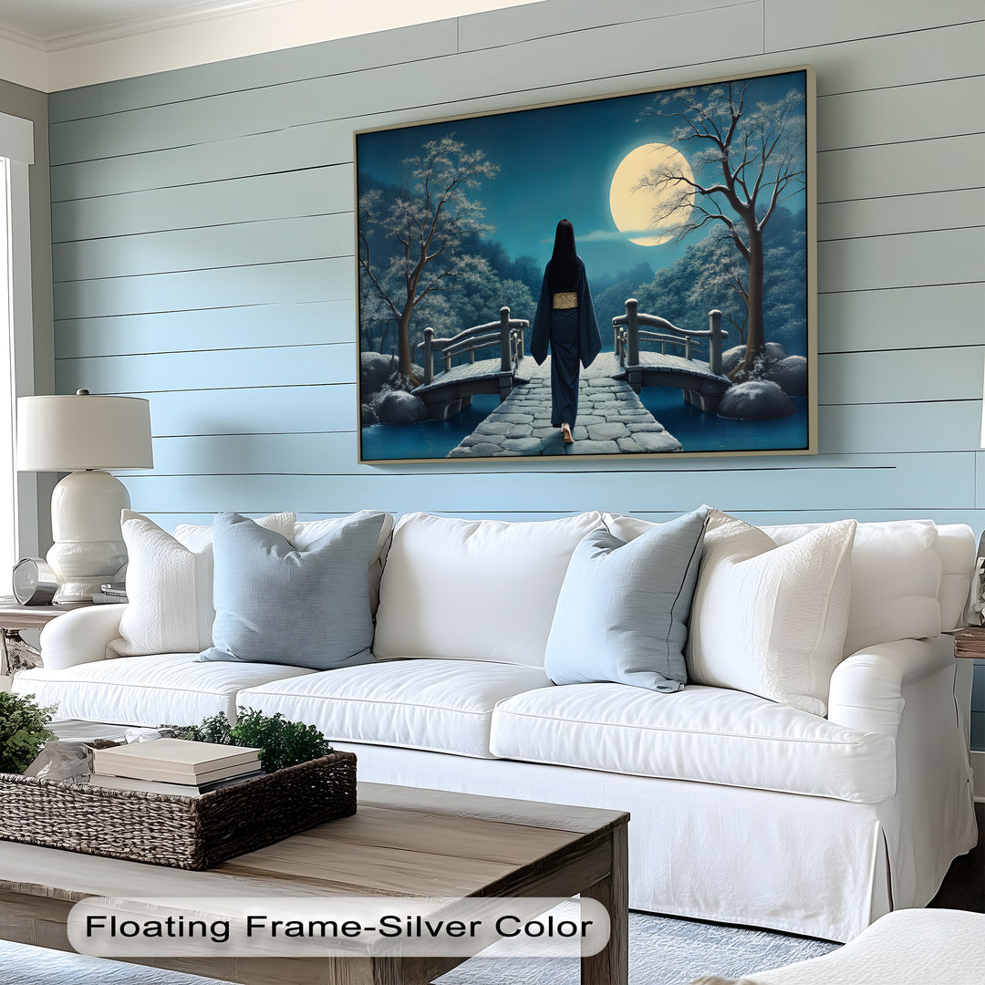 Moonlit Elegance – Japanese Geisha on Bridge Canvas Wall Art | Canvas Art