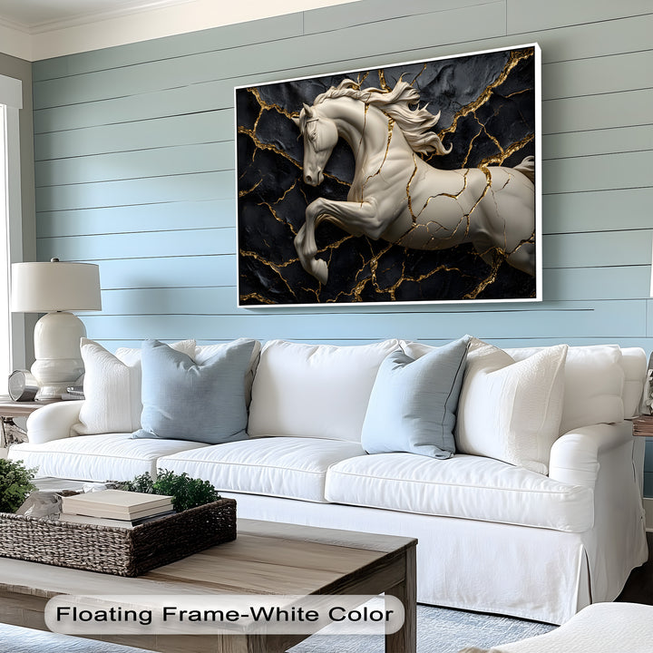 Vivid color saturation highlights the dramatic contrast of the luxury framed canvas featuring a white horse against a black and gold background.