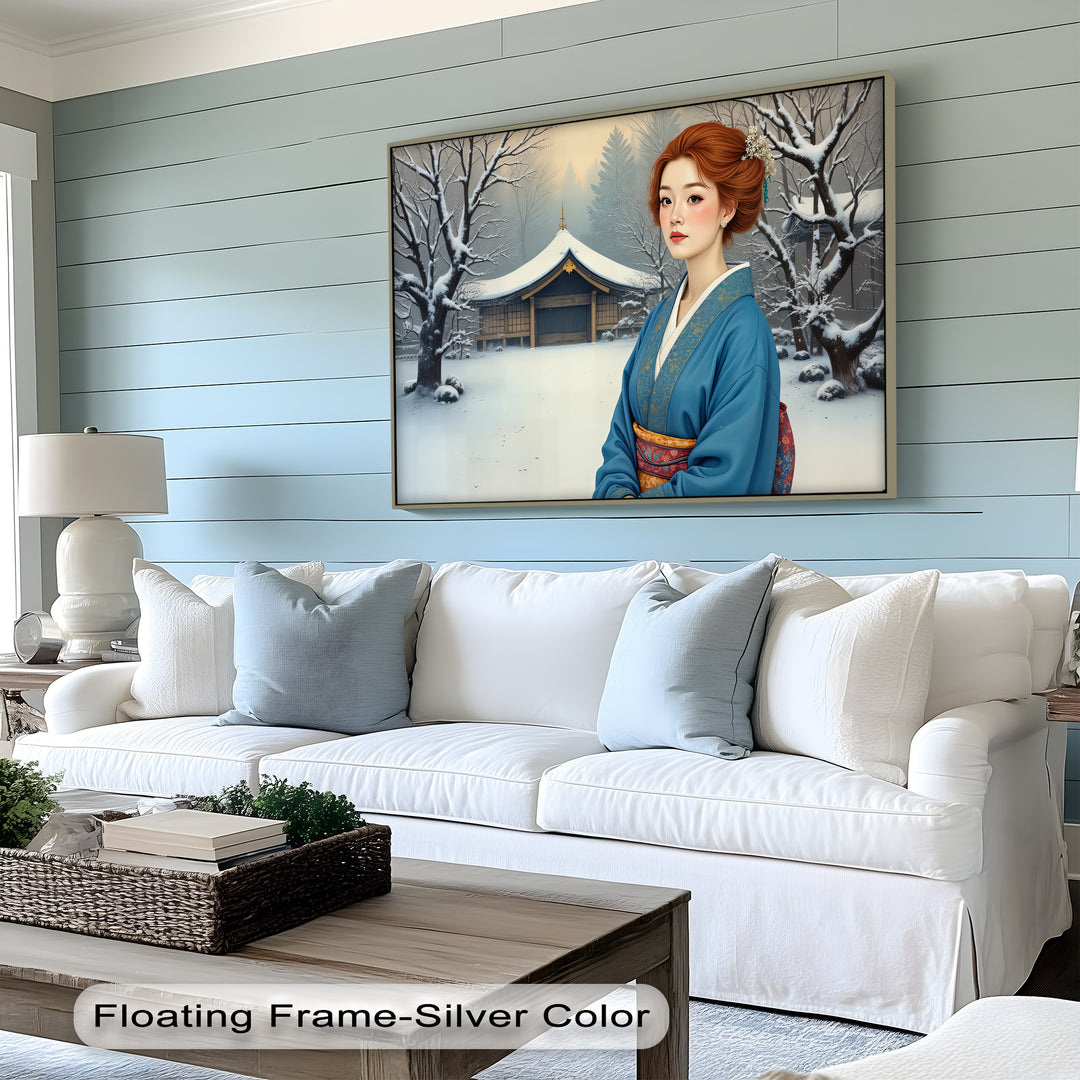 Geisha in Winter Serenity – Japanese Kimono Canvas Wall Art | Framed Canvas