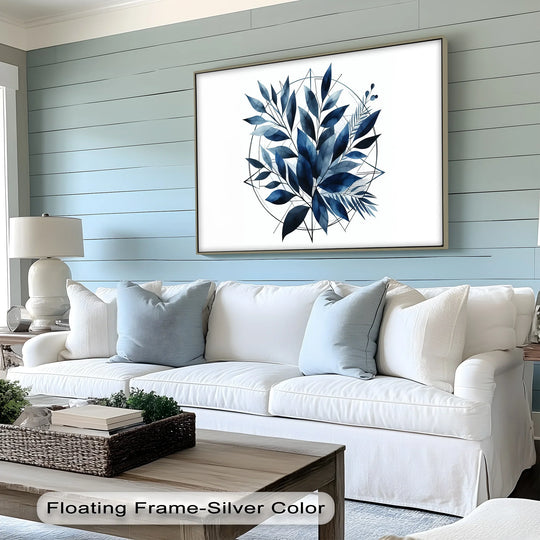 The darkest area highlights the deep navy hues within the botanical leaves of this geometric botanical harmony hanging canvas print, creating a striking focal point.