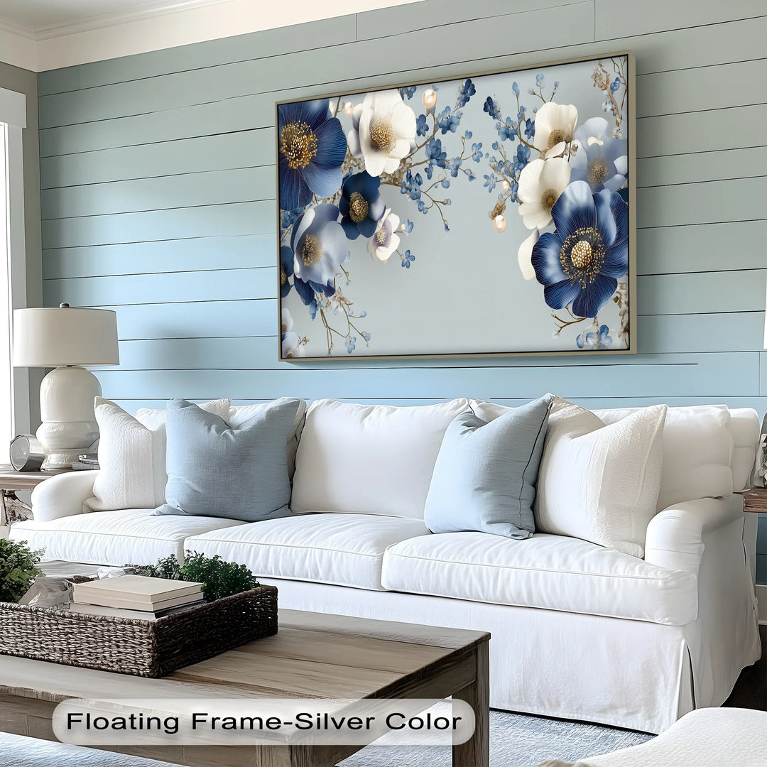 Blue and Ivory Elegance – Floral Fantasy with Pearls Canvas Print - MyPhotoStation