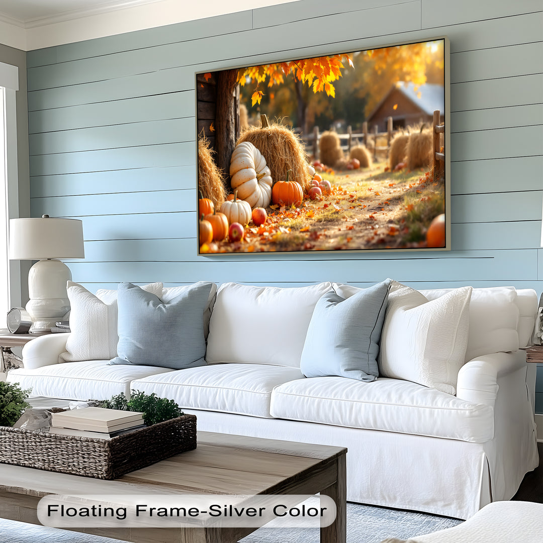 Autumn Harvest – Pumpkin and Haystack Canvas Wall Art | Framed Art