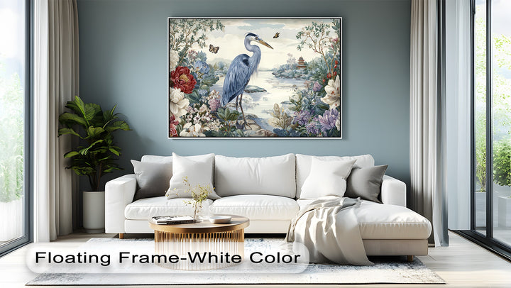 Quality canvas artwork showcases a heron and garden scene, exemplifying the texture and detail of this floral nature canvas print on a pristine white floating frame.