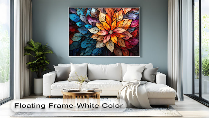 Highly saturated, vibrant hues define this stunning stained glass flower canvas artwork, showcasing richly colored petals.