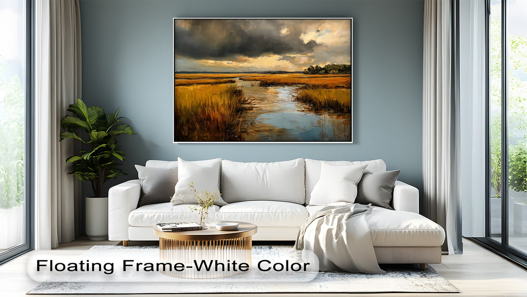 Rough surface texture highlights the best canvas prints quality of this golden marsh storm landscape canvas print, showing depth in dramatic nature wall art.