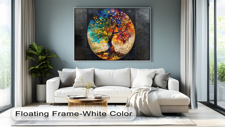 Expansive negative space on the muted blue wall accentuates the vibrant, round abstract colorful tree canvas pictures as captivating nature art.