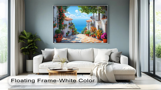 Vibrant color saturation enhances this coastal flower village canvas painting, depicting a sun-drenched Mediterranean scene with terra cotta paths and flower-filled buildings.