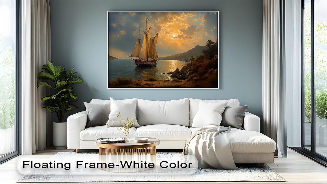 Golden Horizon Voyage – Sailing Ship Sunset Canvas Wall Art | Framed Art