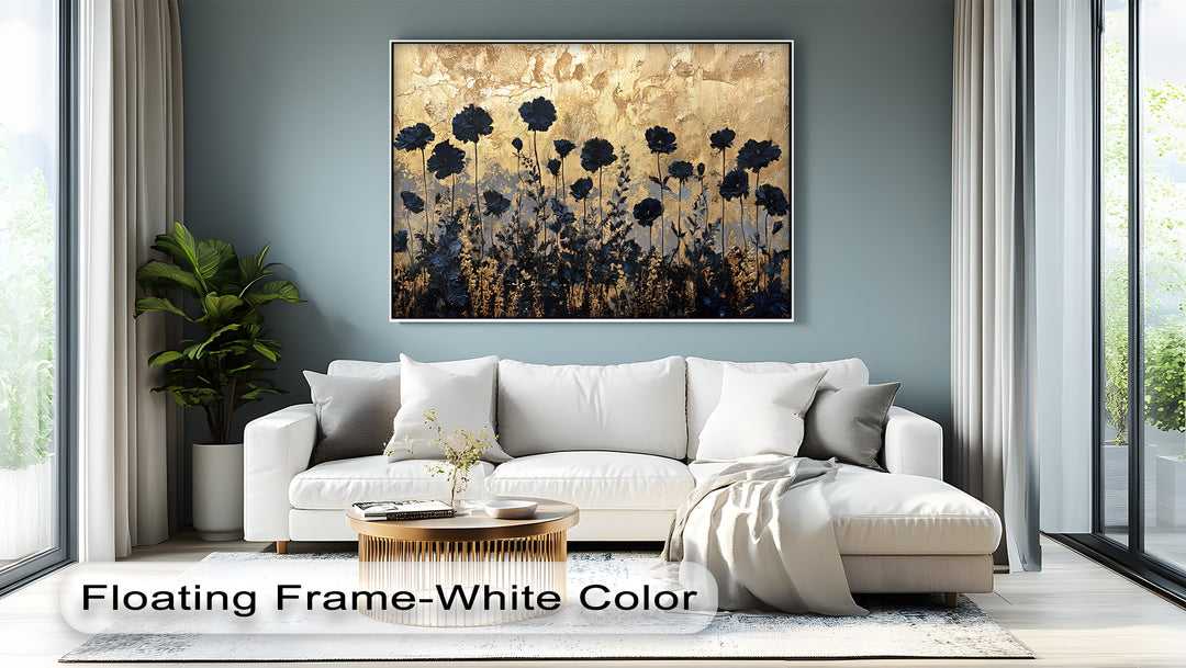 Golden Twilight Meadow – Black Floral Silhouette Canvas Print