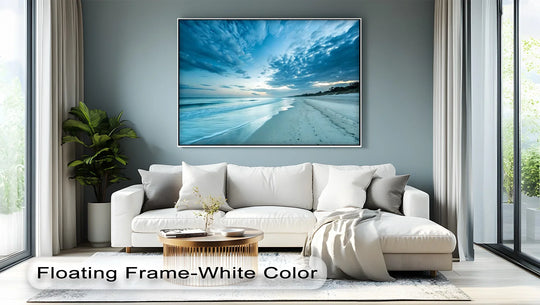 Rich color saturation enhances the serene twilight beach scene in this landscape canvas art prints, featuring a blue coastline view.