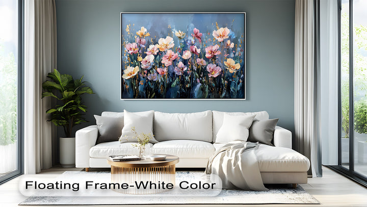Twilight Bloom – Elegant Garden Flowers on Blue Canvas Print