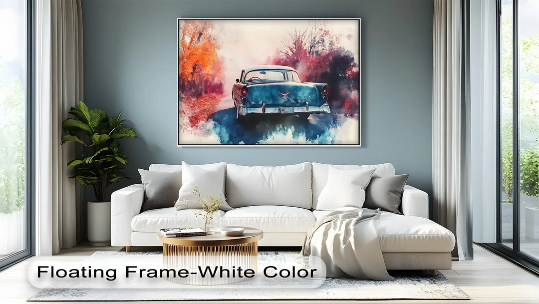 Retro Teal Classic Car Surrounded by Autumn Haze – Car Canvas Print