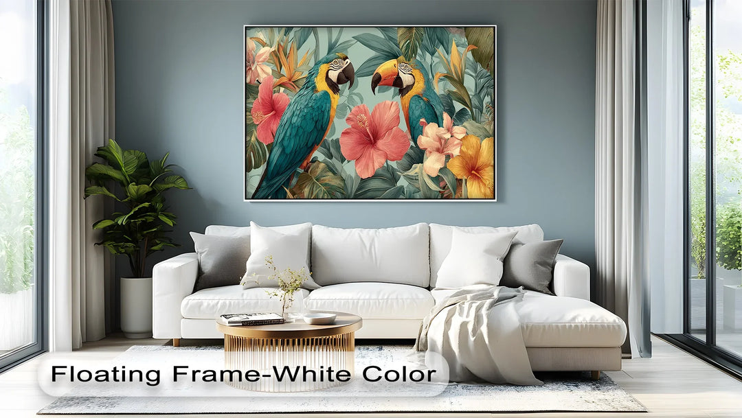 Bright jungle themed canvas art with detailed birds and floral elements

