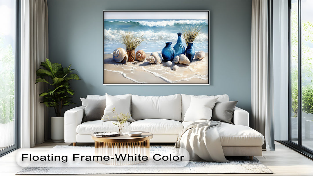 Coastal Calm – Seashells and Blue Vases Beach Scene Canvas Print