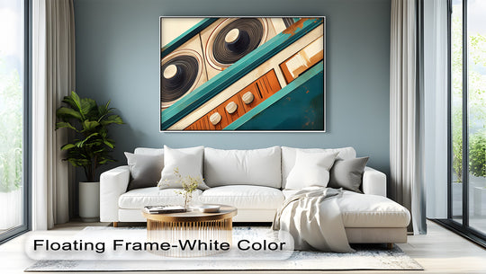 The visual rhythm of the Tilted Frequency abstract stereo close-up canvas print creates a captivating pattern enhanced by the high quality canvas prints' vivid teal and orange hues.